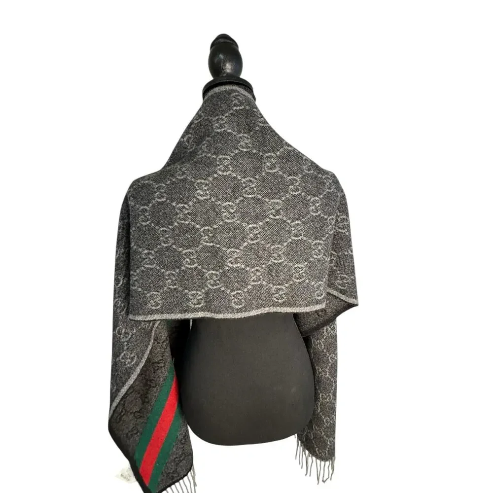 Gucci NWT Nikky Wool GG Monogram Web Stripe Scarf in Grey